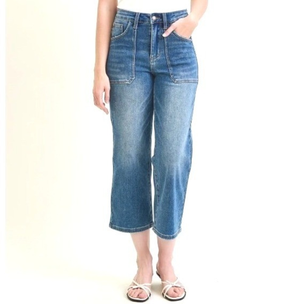 Judy Blue High Waist Utility Pockets Crop Wide Leg Denim Jeans Retro Streetwear